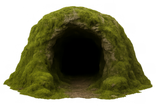 Dark mossy cave opening in nature path