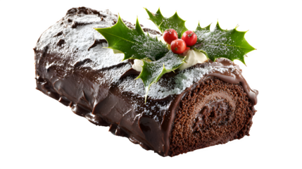 Rich chocolate Yule log cake with glossy ganache, powdered sugar snow effect, and holly leaf garnish, isolated on white background