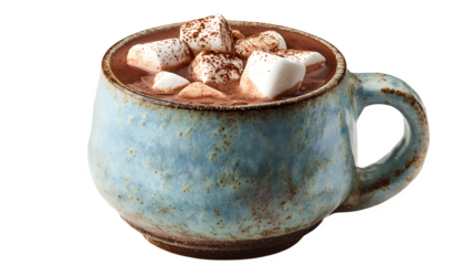 Rich hot cocoa served in a vintage ceramic mug with marshmallows melting on top and cocoa powder dusting, comforting and creamy, isolated on white background