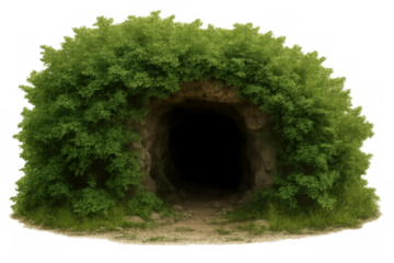 Hidden cave entrance surrounded by lush green foliage