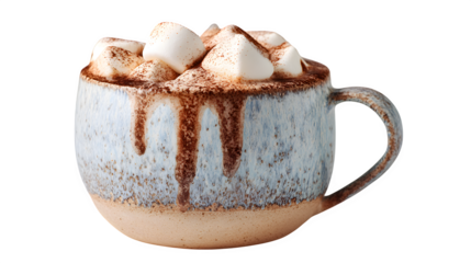 Rich hot cocoa served in a vintage ceramic mug with marshmallows melting on top and cocoa powder dusting, comforting and creamy, isolated on white background