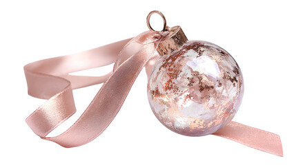 Rose gold glass ornament with rose quartz-like texture and subtle iridescence, hanging from a blush satin ribbon, soft luxury, isolated on white background
