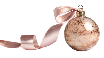 Rose gold glass ornament with rose quartz-like texture and subtle iridescence, hanging from a blush satin ribbon, soft luxury, isolated on white background