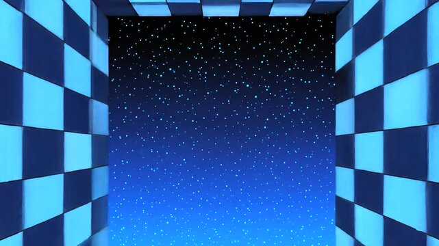 Abstract blue and black checkered tunnel with starry background view