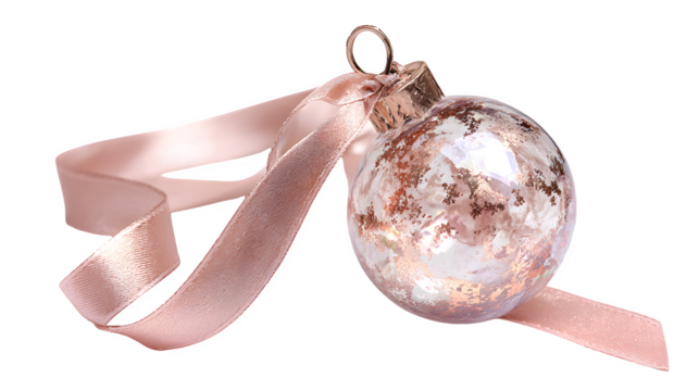 Rose gold glass ornament with rose quartz-like texture and subtle iridescence, hanging from a blush satin ribbon, soft luxury, isolated on white background