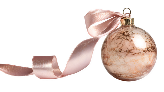 Rose gold glass ornament with rose quartz-like texture and subtle iridescence, hanging from a blush satin ribbon, soft luxury, isolated on white background