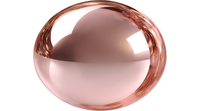 Rose gold mirrored ornament with smooth reflective surface and soft beveled edges, modern glam, isolated on white background