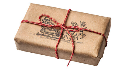 Rustic gift in brown craft paper with hand-drawn sleigh illustration and red twine, vintage holiday, isolated on white background
