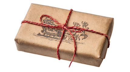 Rustic gift in brown craft paper with hand-drawn sleigh illustration and red twine, vintage holiday, isolated on white background