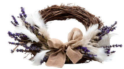 Rustic grapevine wreath adorned with white feathers, dried lavender, and a burlap bow, neutral farmhouse style, isolated on white background
