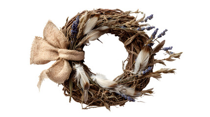 Rustic grapevine wreath adorned with white feathers, dried lavender, and a burlap bow, neutral farmhouse style, isolated on white background