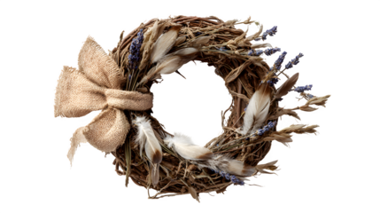 Rustic grapevine wreath adorned with white feathers, dried lavender, and a burlap bow, neutral farmhouse style, isolated on white background