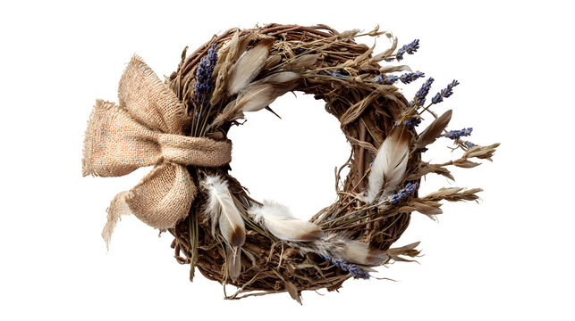 Rustic grapevine wreath adorned with white feathers, dried lavender, and a burlap bow, neutral farmhouse style, isolated on white background