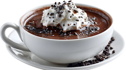 Salted dark hot chocolate with flaky sea salt, whipped cream, and cacao nibs, intense and sophisticated, isolated on white background