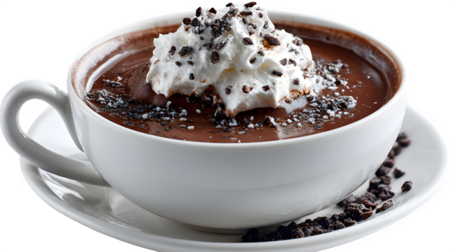 Salted dark hot chocolate with flaky sea salt, whipped cream, and cacao nibs, intense and sophisticated, isolated on white background