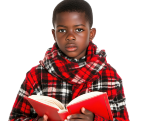 A Young Boy in a Red Plaid Coat Holding a Book  isolated on transparent background, Capturing the Essence of Curiosity and Imagination