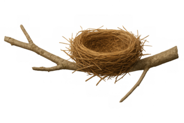 Empty bird nest on branch with transparent background