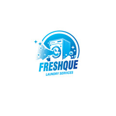 Modern Laundry Service Logo template Design – Freshque Washing Machine Icon with Bubbles and Clean Concept