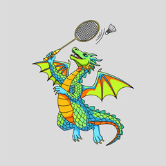 Colorful dragon playing badminton cartoon vector illustration