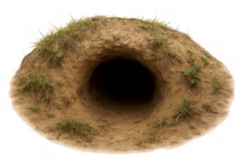 Animal burrow hole entrance with grass on transparent background