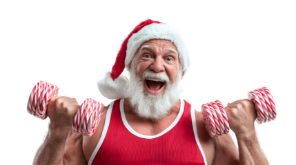 Santa as a fitness trainer in a red tank top, holding dumbbells shaped like candy canes, energetic pose, isolated on white background