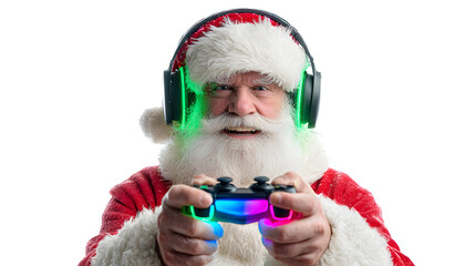 Santa as a gamer, wearing a headset, holding a controller with elf avatars on screen, RGB lights glowing, isolated on white background