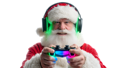 Santa as a gamer, wearing a headset, holding a controller with elf avatars on screen, RGB lights glowing, isolated on white background