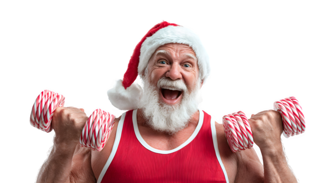 Santa as a fitness trainer in a red tank top, holding dumbbells shaped like candy canes, energetic pose, isolated on white background