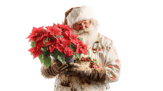 Santa as a florist arranging a bouquet of red poinsettias and holly with tiny gift tags, apron stained with soil, isolated on white background