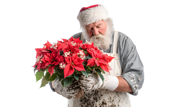 Santa as a florist arranging a bouquet of red poinsettias and holly with tiny gift tags, apron stained with soil, isolated on white background