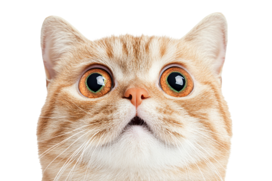 An Astounding Close-Up of a Surprised Ginger Cat with Captivating Green Eyes isolated on transparent background