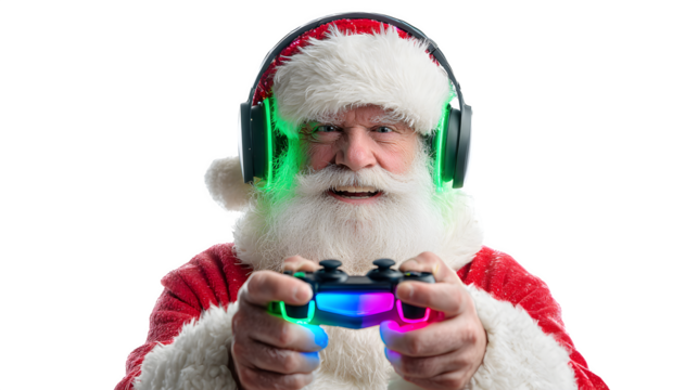 Santa as a gamer, wearing a headset, holding a controller with elf avatars on screen, RGB lights glowing, isolated on white background
