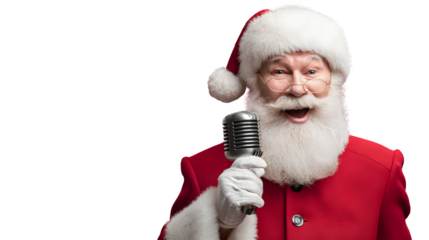Santa as a news anchor in a red blazer, holding a mic with "Live from the North Pole" on screen behind him, isolated on white background