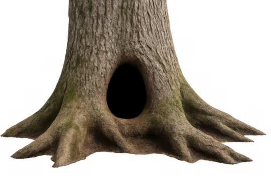 Tree trunk with hollow and roots on transparent background