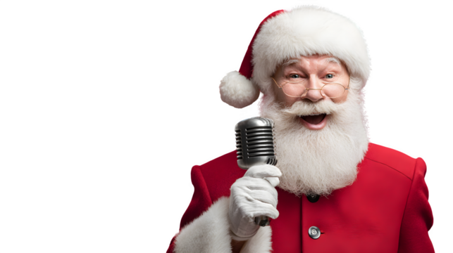 Santa as a news anchor in a red blazer, holding a mic with "Live from the North Pole" on screen behind him, isolated on white background