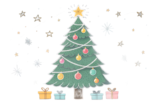 Hand-drawn Christmas tree in chalk style with childlike lines, creating a playful and cozy holiday feel. Perfect for festive designs, Christmas cards, winter posters, or creative projects. Vector illu
