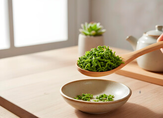 Fototapeta premium Macro photograph of a bamboo spoon filled with vibrant green herbal tea leaves, set in a minimalist eco-friendly kitchen, isolated against a stark white background, bright daylight.
