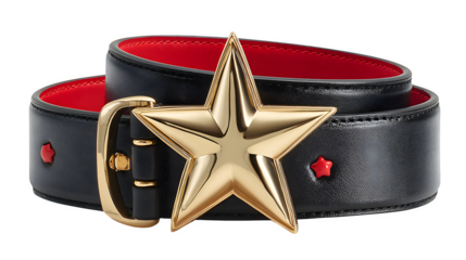 Santa belt with wide black leather strap, oversized gold buckle shaped like a star, and red lining, bold and iconic, isolated on white background