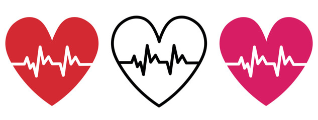 Heartbeat icon set in red,black and pink color. Heartbeat pulse flat icon for medical apps and websites. Vector illustration. Heart vector icons. Set of heartbeat icon on isolated background