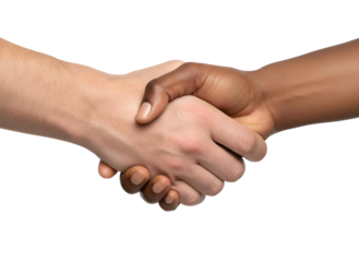 cut out clipart Close-up of a Caucasian male hand shaking hands with an African American female hand, symbolizing a business partnership, studio lighting.
