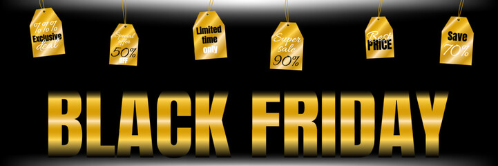 Black Friday black and gold promo banner with suspended sale labels