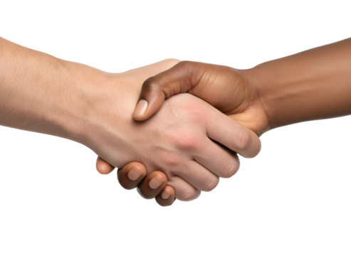 cut out clipart Close-up of a Caucasian male hand shaking hands with an African American female hand, symbolizing a business partnership, studio lighting.
