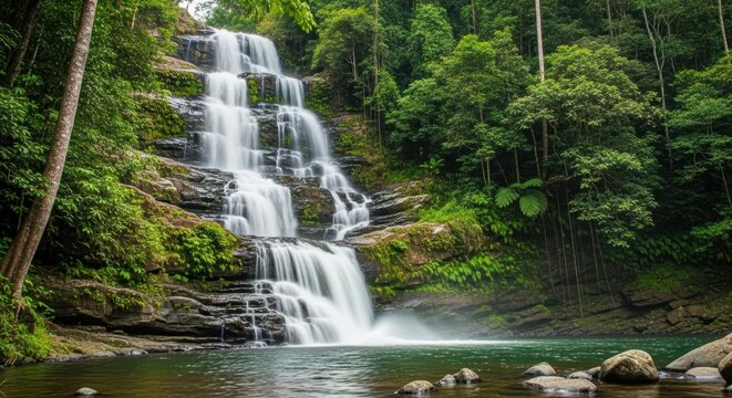 Photorealistic Waterfall in Tranquil Pool Setting. Overcast Day Waterfall in Tropical Rainforest. Medium Shot of a Powerful Cascading Waterfall.