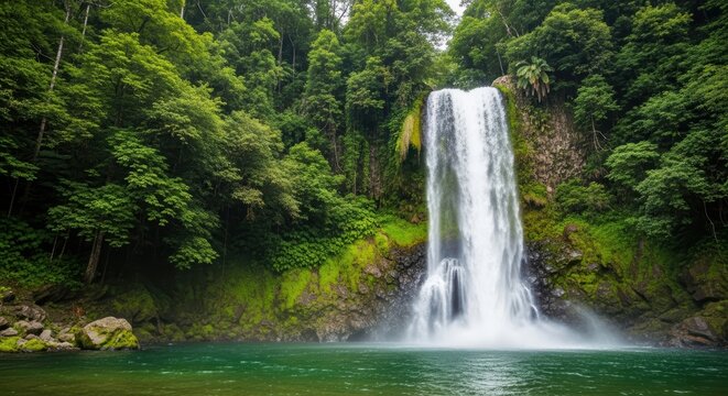 Tall Waterfall with Emerald Green Reflective Pool. Photorealistic Tropical Rainforest Waterfall. Vibrant Waterfall with Dappled Light and Shadows.
