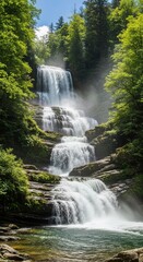 Obraz premium Layered Rock Formation Waterfall in Verdant Forest. Awe-inspiring Photorealistic Waterfall Scene. Framed Composition of a Turquoise Cascade.