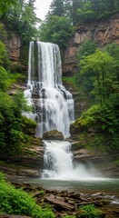Realistic Raw Beauty of a Cascading Waterfall. Multi-tiered Waterfall with Misty Spray and Power. Natural Waterfall Framed by Vibrant Greenery.