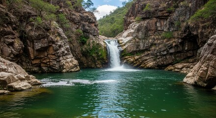Majestic Waterfall in Emerald Green Pool Sanctuary. Wide Angle Shot of a Serene Cascading Waterfall. Photorealistic Hidden Natural Sanctuary Landscape.