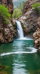 Serene Waterfall Plunging into Vibrant Turquoise Pool. Photorealistic Rocky Landscape with Cascading Water. Balanced Composition of a Natural Sanctuary Waterfall.