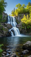 Inviting Multi-tiered Waterfall with Silky Water Effect. Landscape View of a Sunny Day Cascade. Waterfall with Rich Greens and Earthy Browns Palette.