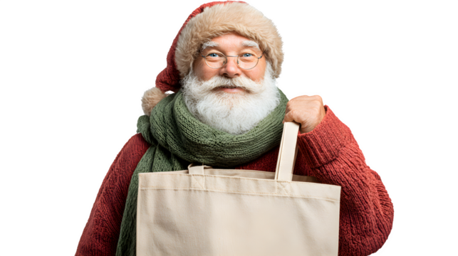Santa holding a reusable tote bag filled with sustainable gifts, wearing eco-friendly bamboo fiber scarf, isolated on white background